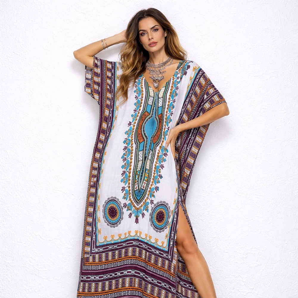 Caftan Geometric Print White Multi Print One Size NWT